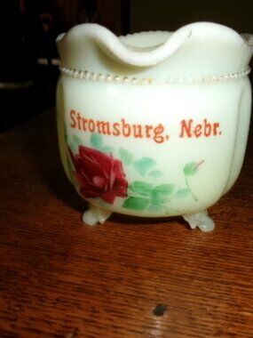 antique Heisey custard Uranium souvenir creamer footed g floral Stromsburg Nebr
